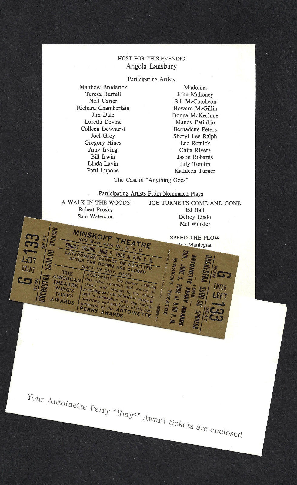 42nd Annual TONY AWARDS "Phantom of the Opera" 1988 Artist's List and Ticket