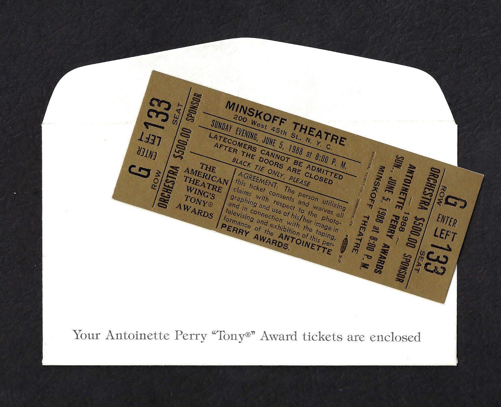 42nd Annual TONY AWARDS "Phantom of the Opera" 1988 Artist's List and Ticket