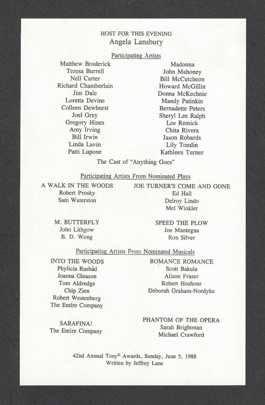 42nd Annual TONY AWARDS "Phantom of the Opera" 1988 Artist's List and Ticket