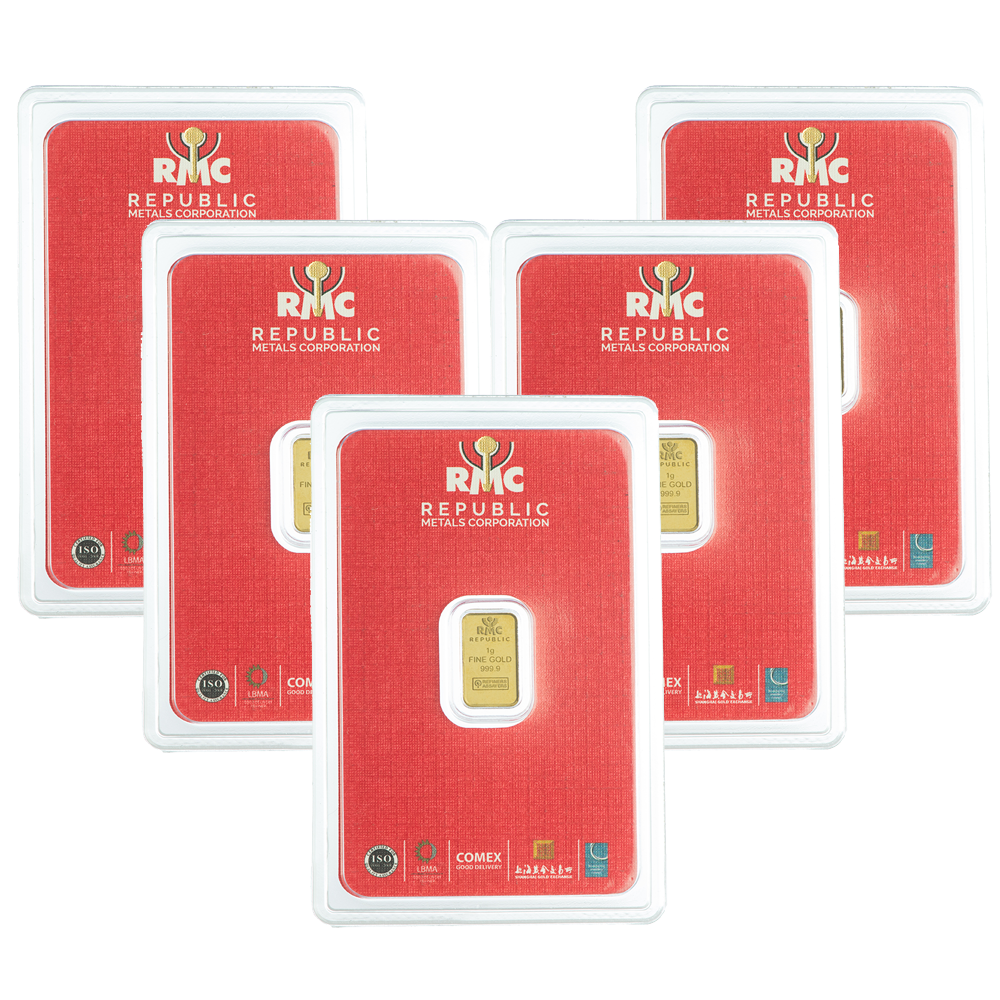 Lot of 5 - 1 Gram RMC Republic Metals .9999 Fine Gold Bar in Assay