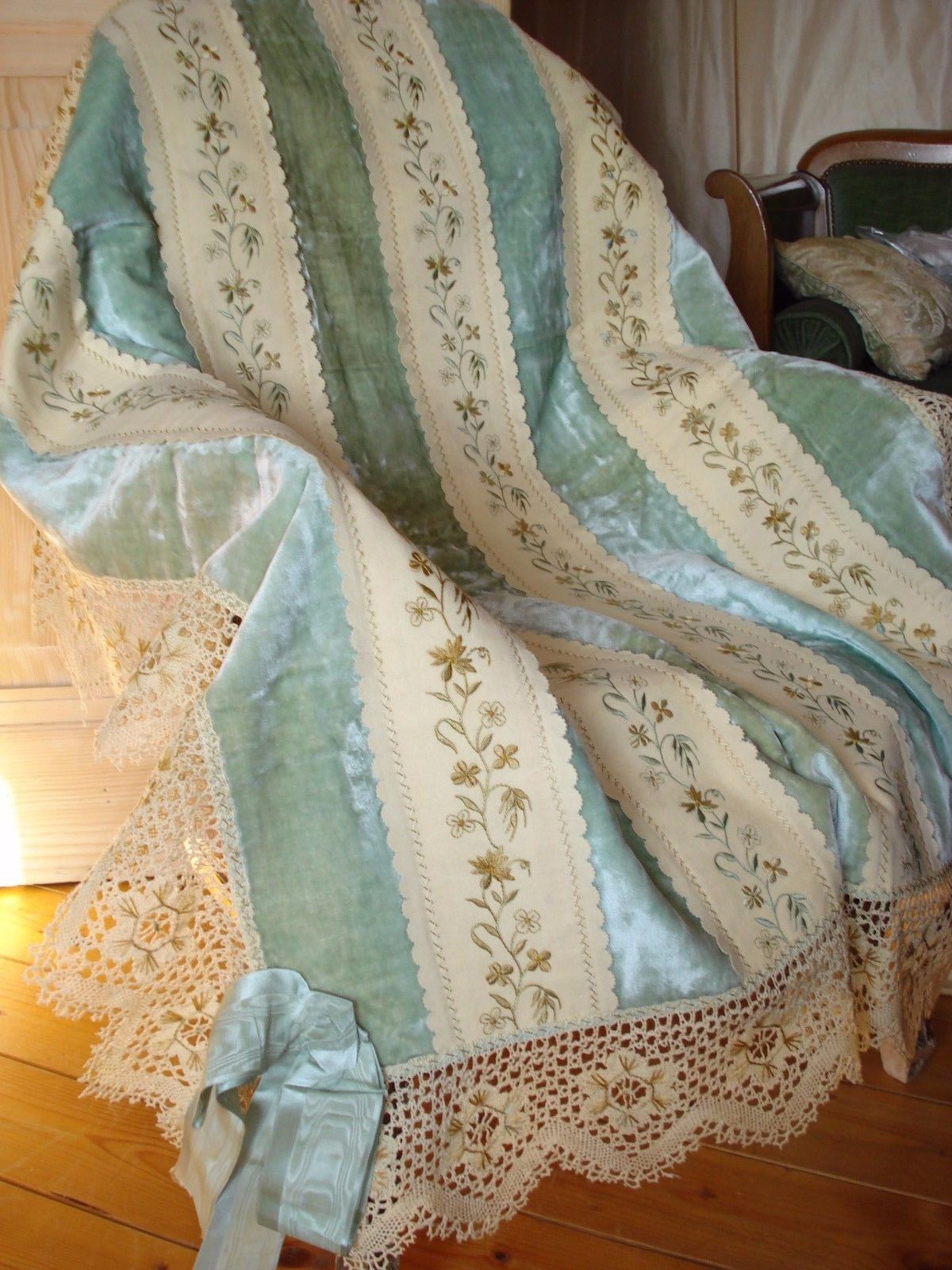 Antique french victorian  hand embroidered silk velvet + lace boudoir  throw