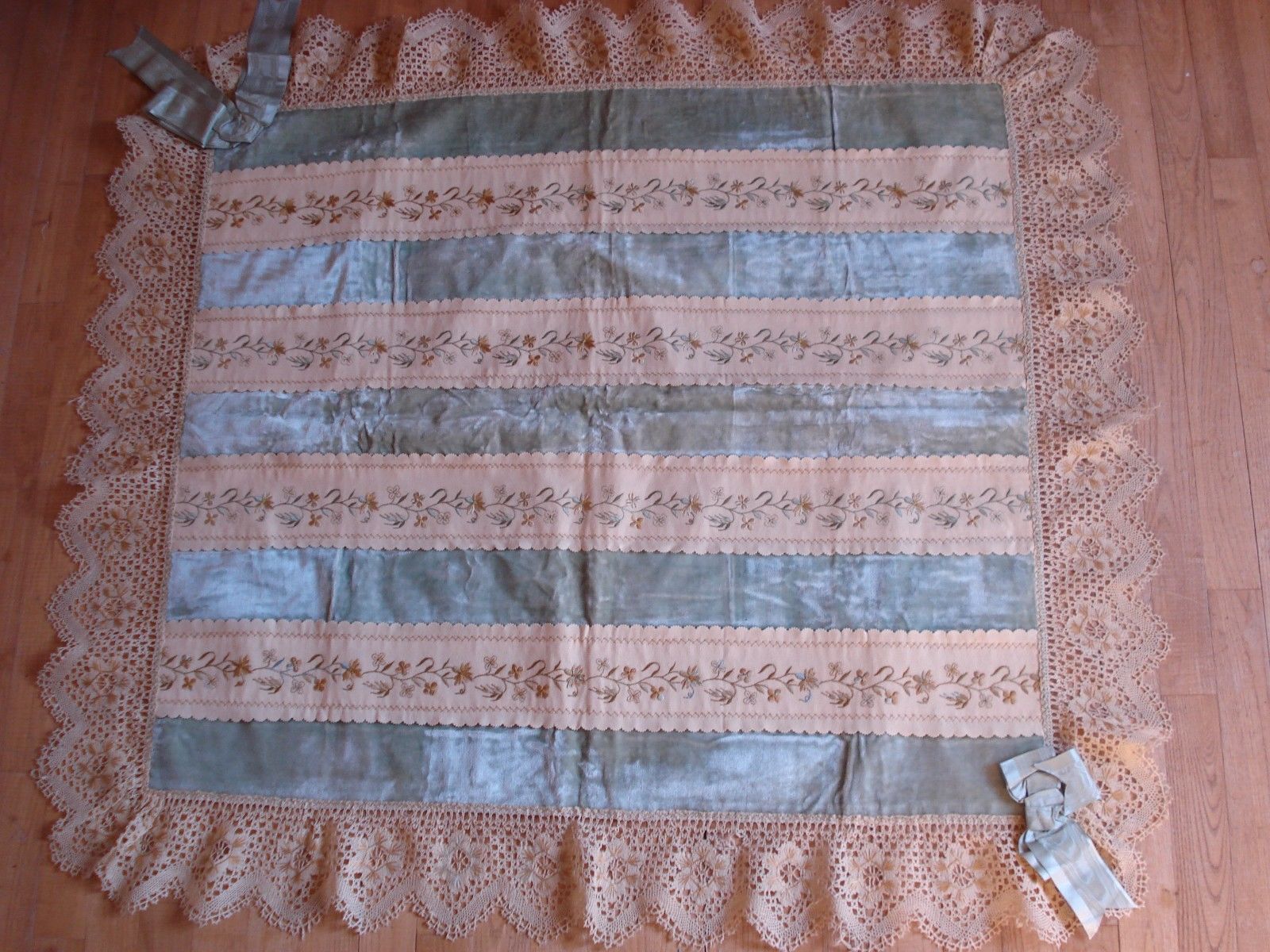 Antique french victorian  hand embroidered silk velvet + lace boudoir  throw