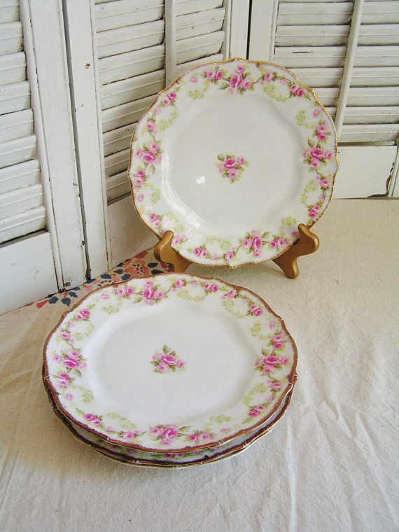 4 Antique Vintage Limoges Elite Works France Pink Roses Luncheon Plates