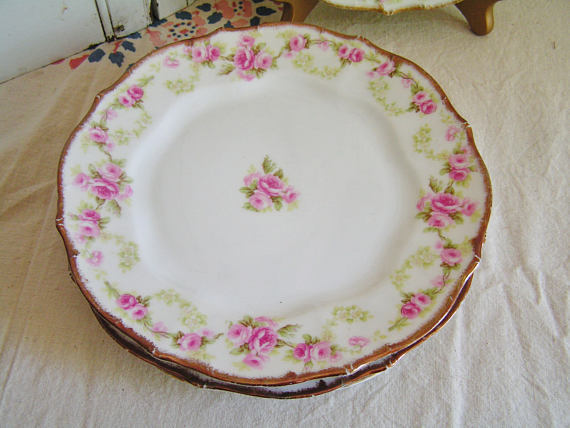 4 Antique Vintage Limoges Elite Works France Pink Roses Luncheon Plates