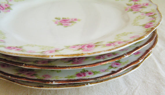 4 Antique Vintage Limoges Elite Works France Pink Roses Luncheon Plates