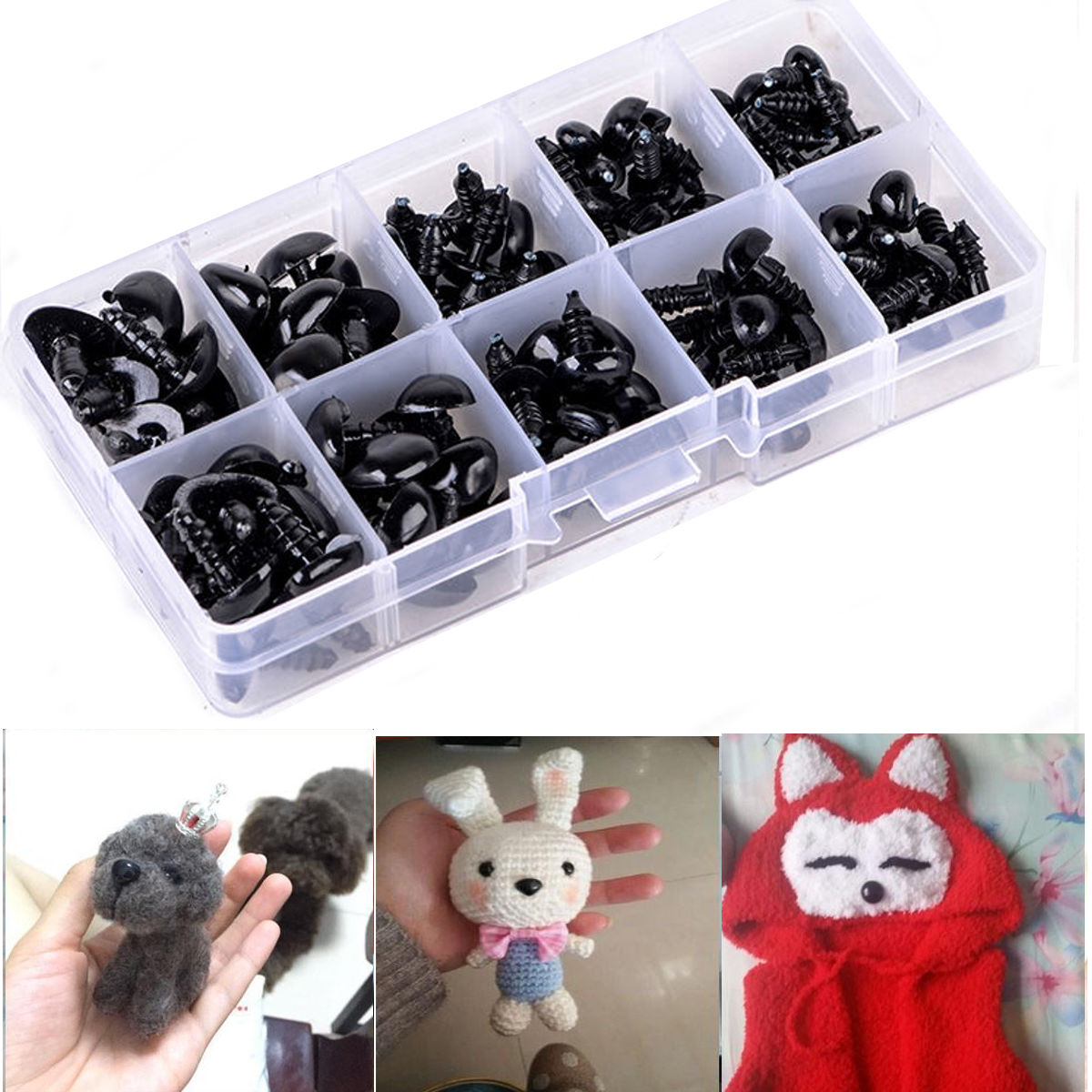 100pcs 5 Sizes Black Plastic Safety Nose & Washers For DIY Doll Teddy Puppet Toy