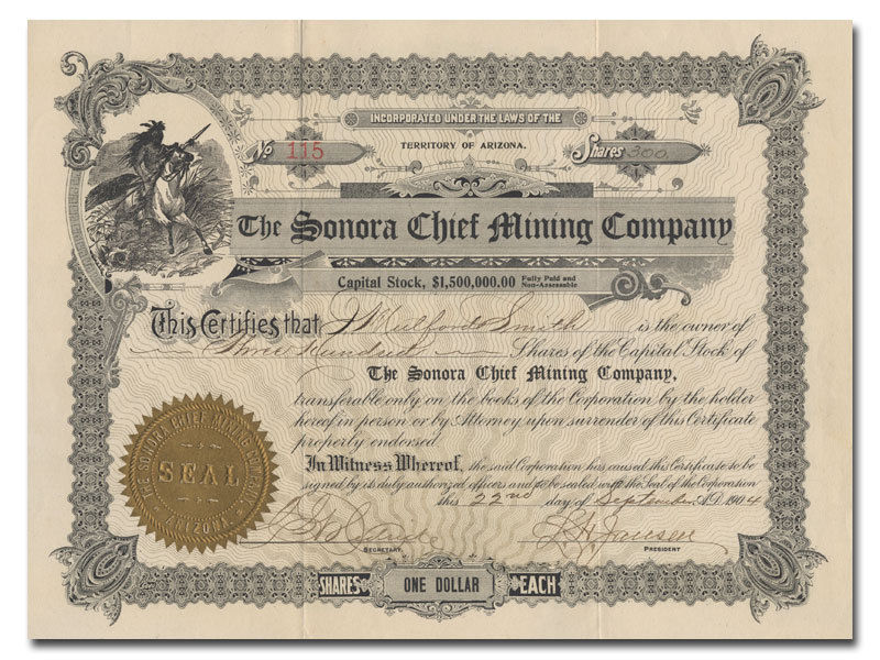 Sonora Chief Mining Company Stock Certificate