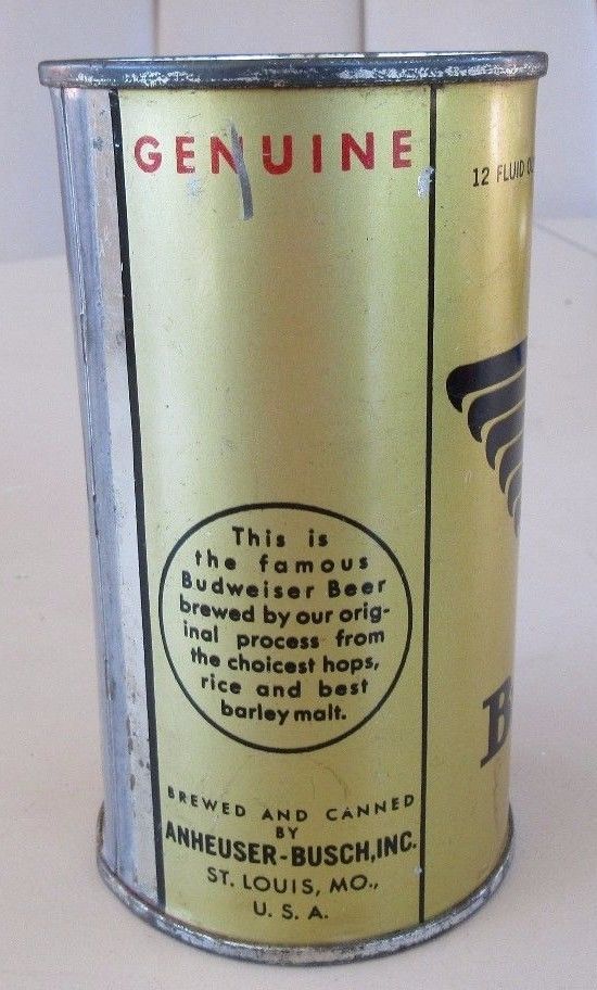 Vintage IRTP 1940's Budweiser Beer 12 FL OZ Straight Steel Flat Top Beer Can T/O