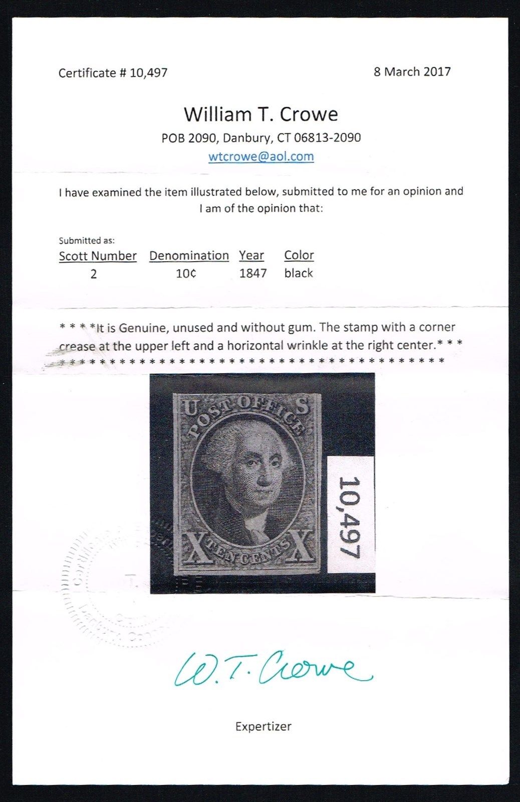 CKStamps: US Stamps Collection Scott#2 10c Washington Unused NG with Cert $15000