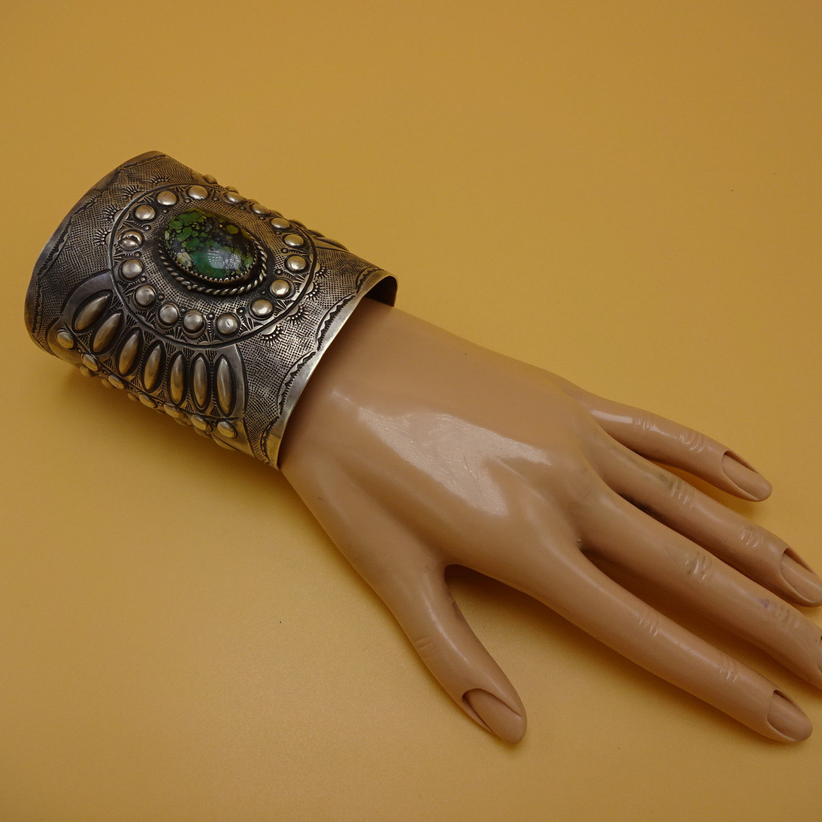 Huge NAVAJO Hand-Stamped & Repoussé Sterling Silver & TURQUOISE Cuff BRACELET