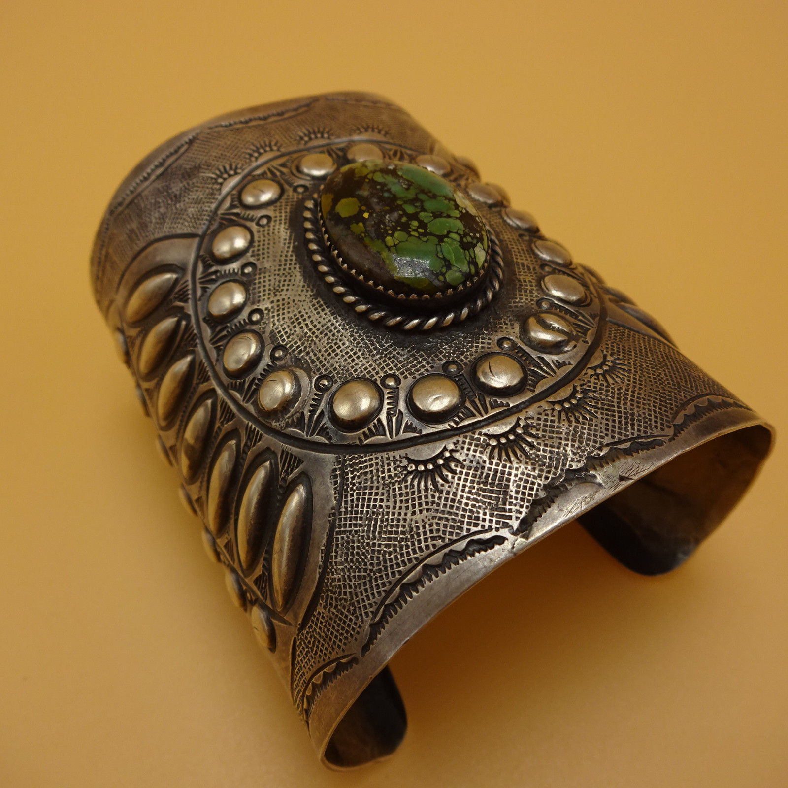 Huge NAVAJO Hand-Stamped & Repoussé Sterling Silver & TURQUOISE Cuff BRACELET