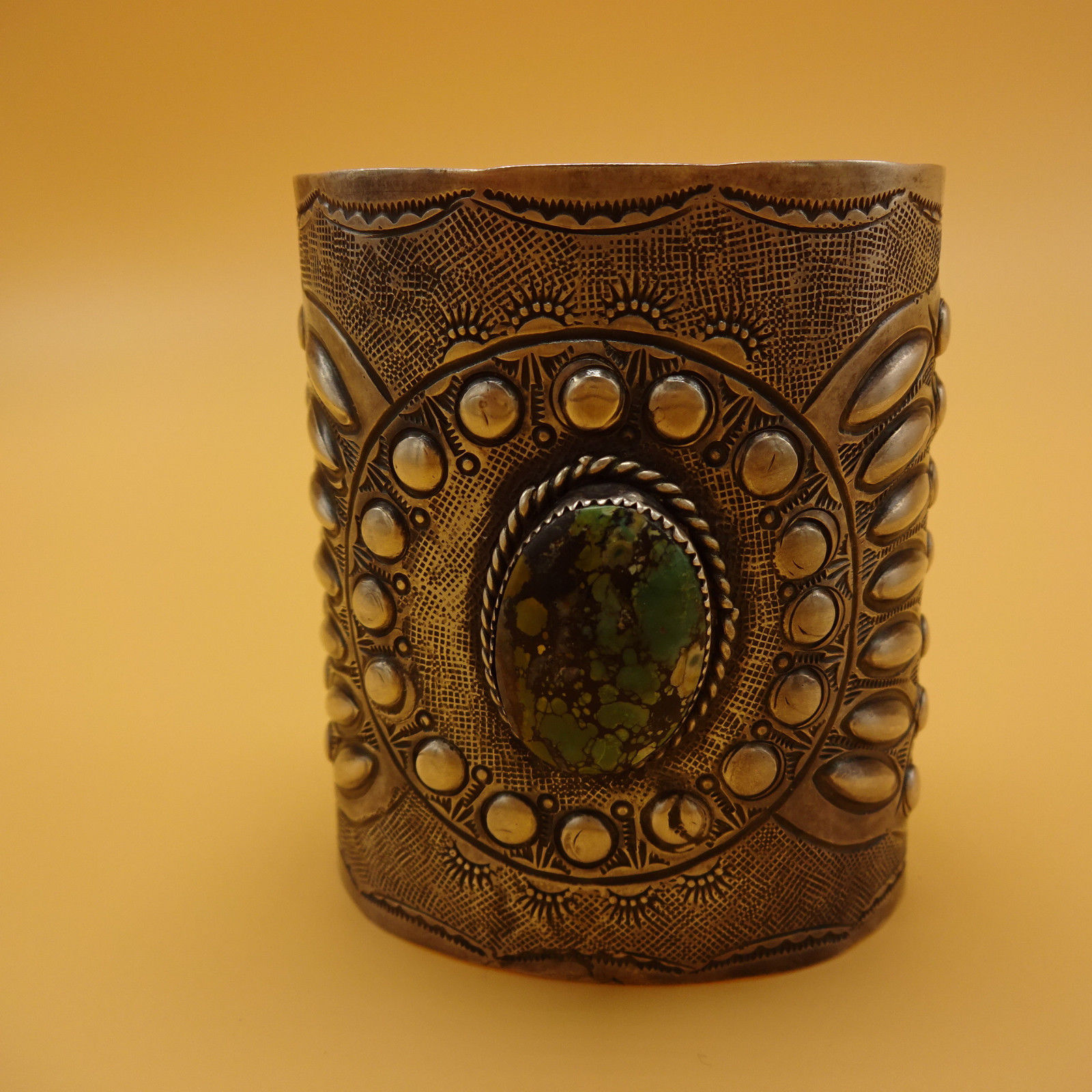 Huge NAVAJO Hand-Stamped & Repoussé Sterling Silver & TURQUOISE Cuff BRACELET