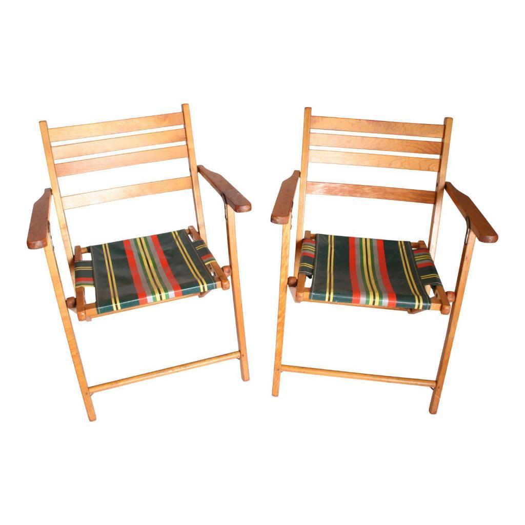 (2) Vintage WOOD FOLDING CHAIR PAIR set antique beach porch slat wooden slatted