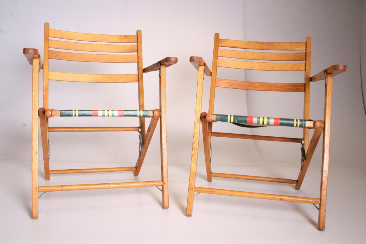 (2) Vintage WOOD FOLDING CHAIR PAIR set antique beach porch slat wooden slatted