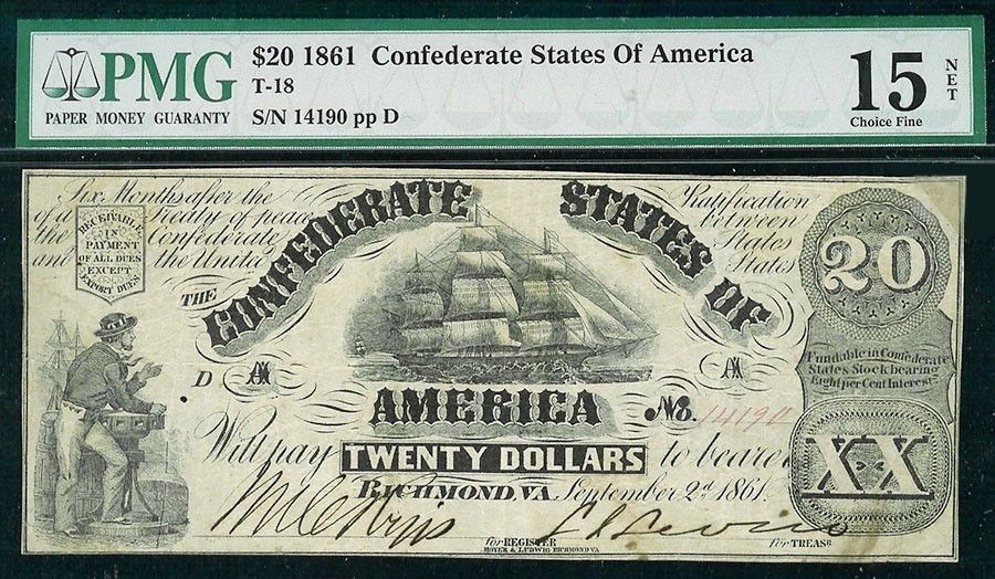 1861 CONFEDERATE STATES OF AMERICA $20 RICHMOND,VIRGINIA NOTE PMG CHOICE FINE 15