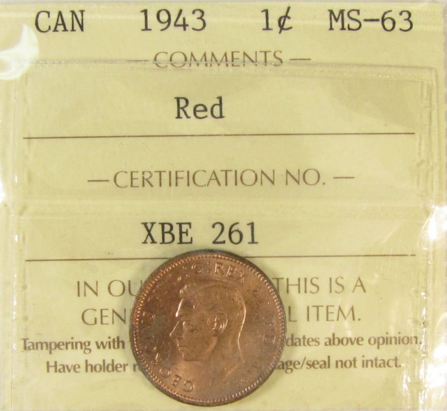 1943 Canada 1 Cent  ICCS graded MS-63; RED (small cent or penny)