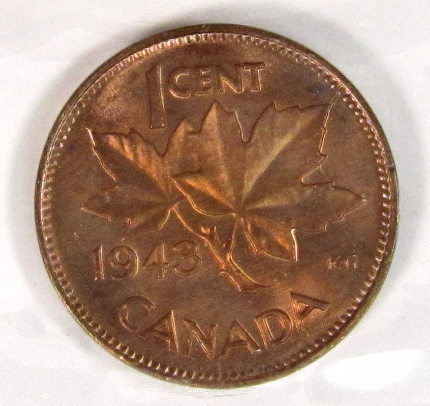 1943 Canada 1 Cent  ICCS graded MS-63; RED (small cent or penny)