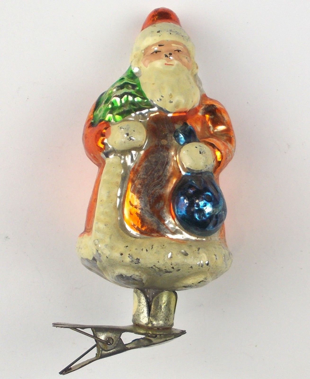 Vintage Russian USSR Silver Glass Christmas X-mas Tree Ornament Santa on Clip