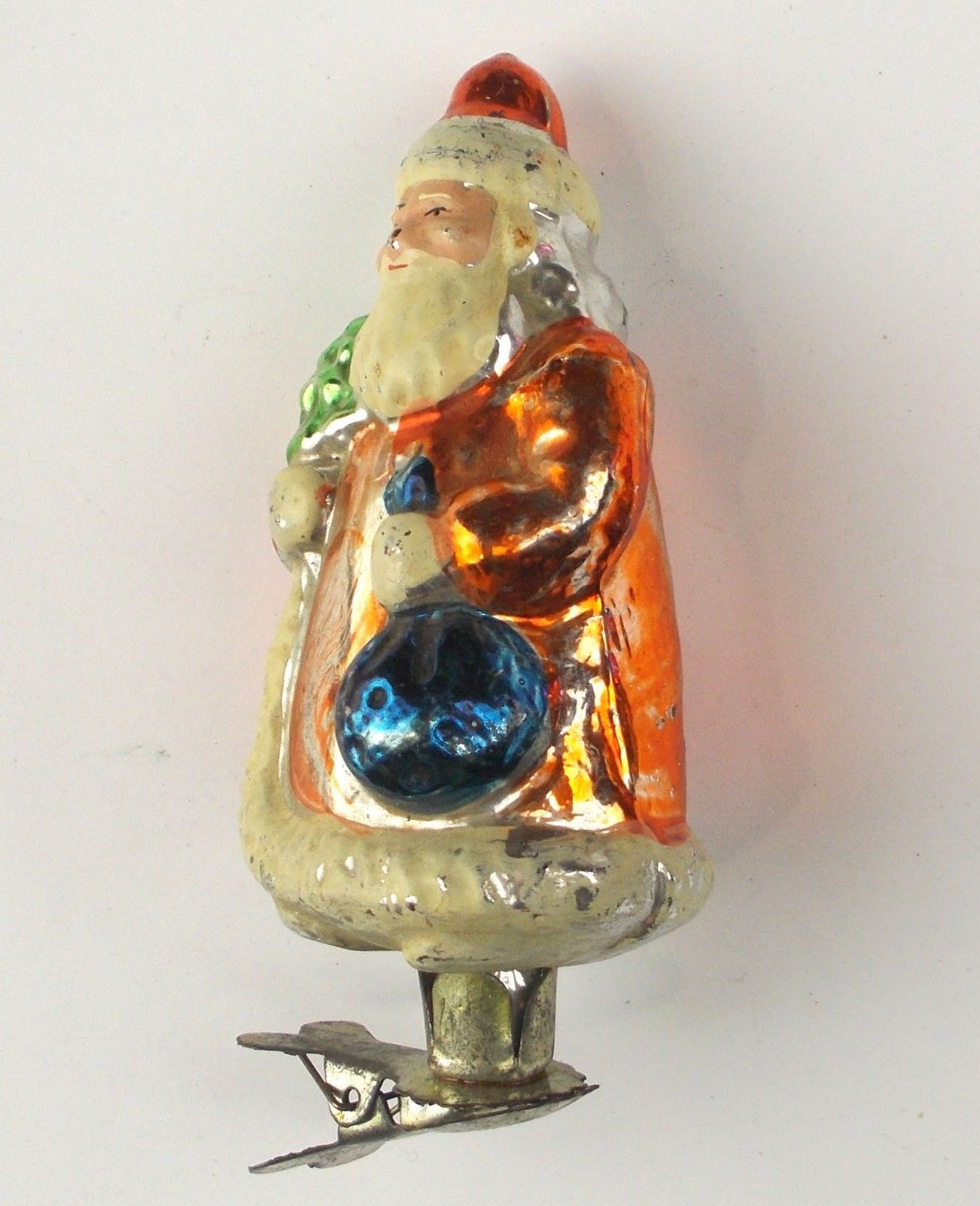 Vintage Russian USSR Silver Glass Christmas X-mas Tree Ornament Santa on Clip