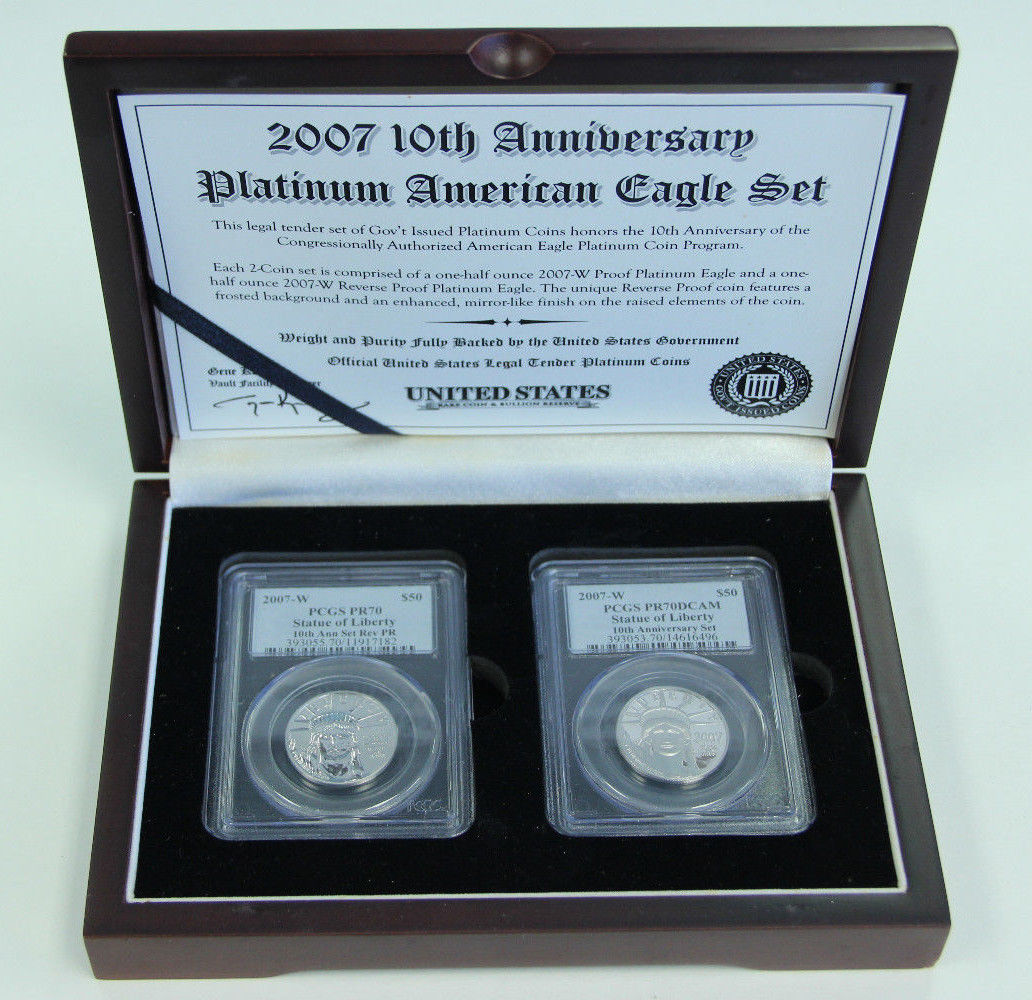 2007-W $50 PCGS PR 70 & PR 70 DCAM 10th Anniversary Platinum American Eagle Set