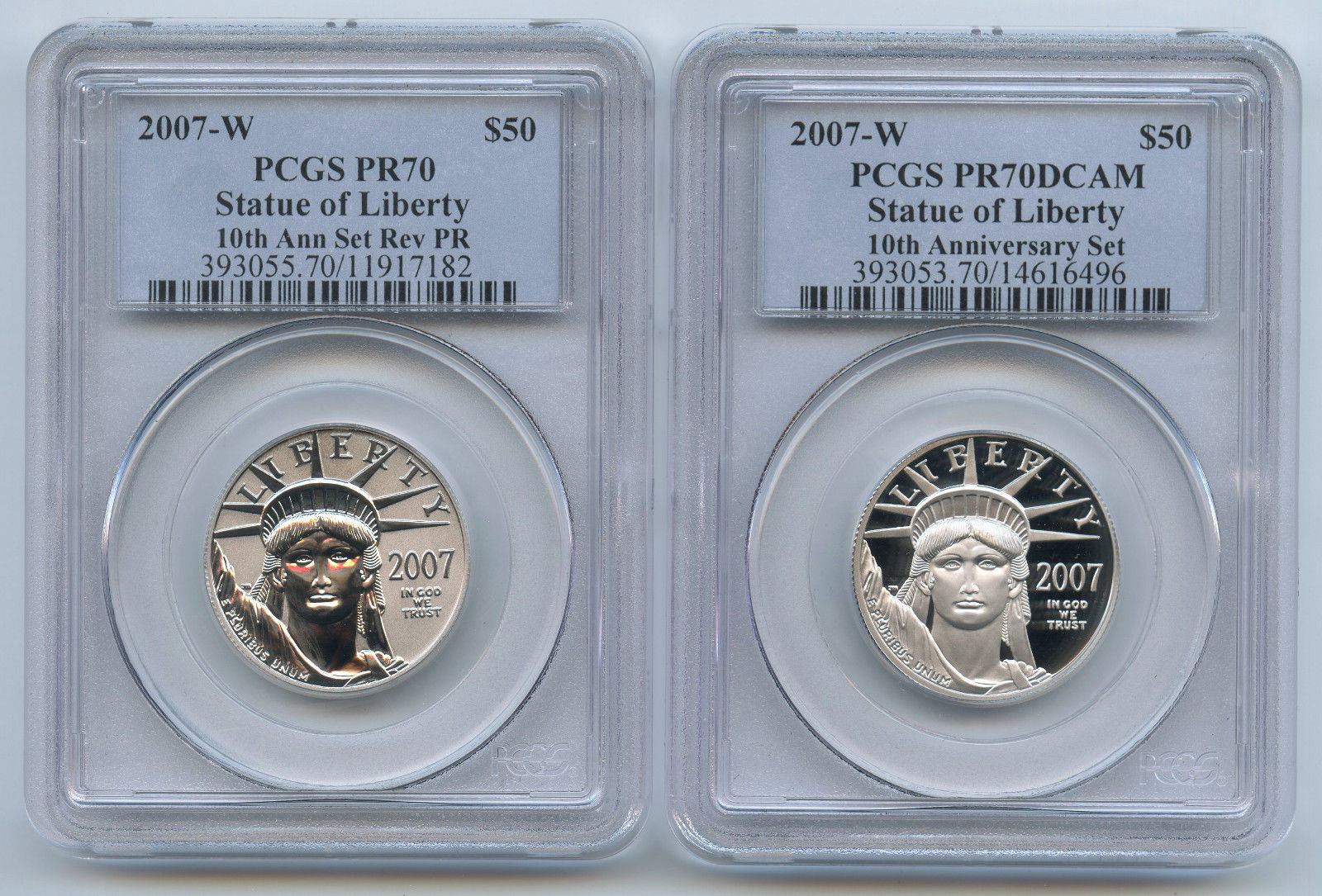 2007-W $50 PCGS PR 70 & PR 70 DCAM 10th Anniversary Platinum American Eagle Set