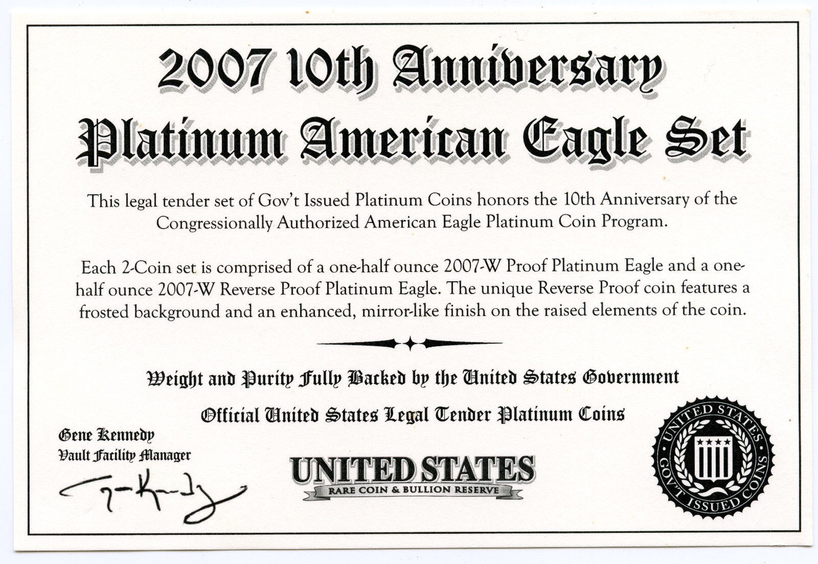 2007-W $50 PCGS PR 70 & PR 70 DCAM 10th Anniversary Platinum American Eagle Set