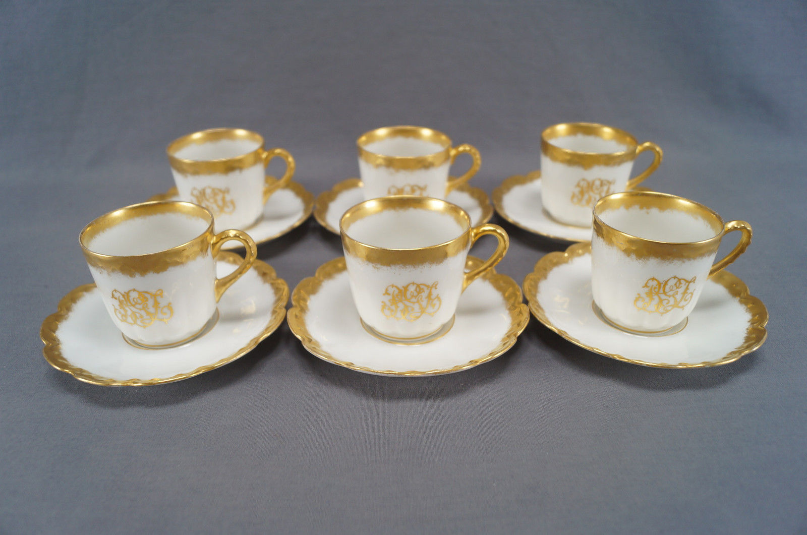 Set of 6 Haviland Limoges William Lycett Gold Monogram Demitasse Cups & Saucers