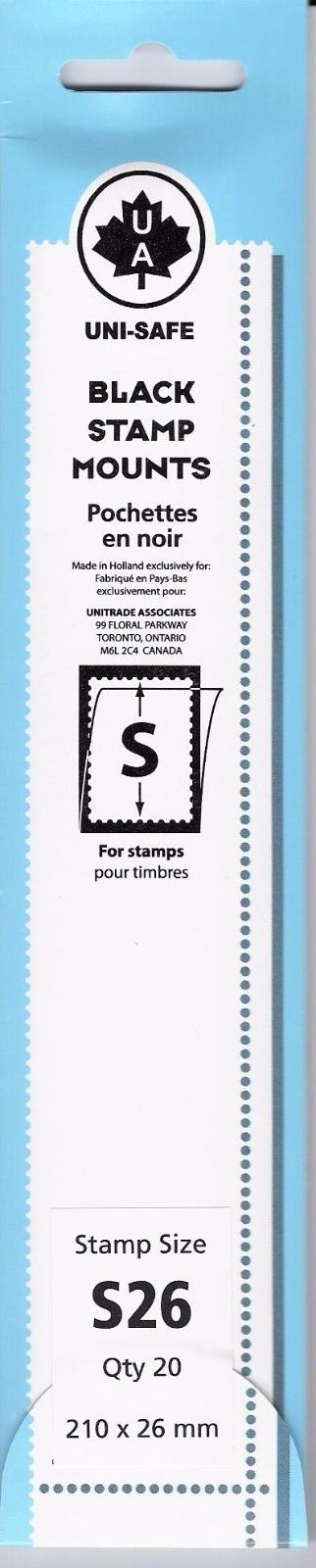 Uni-Safe "S" Top Opening #26mm Stamp Mounts (Made in Germany) 20 Black strips