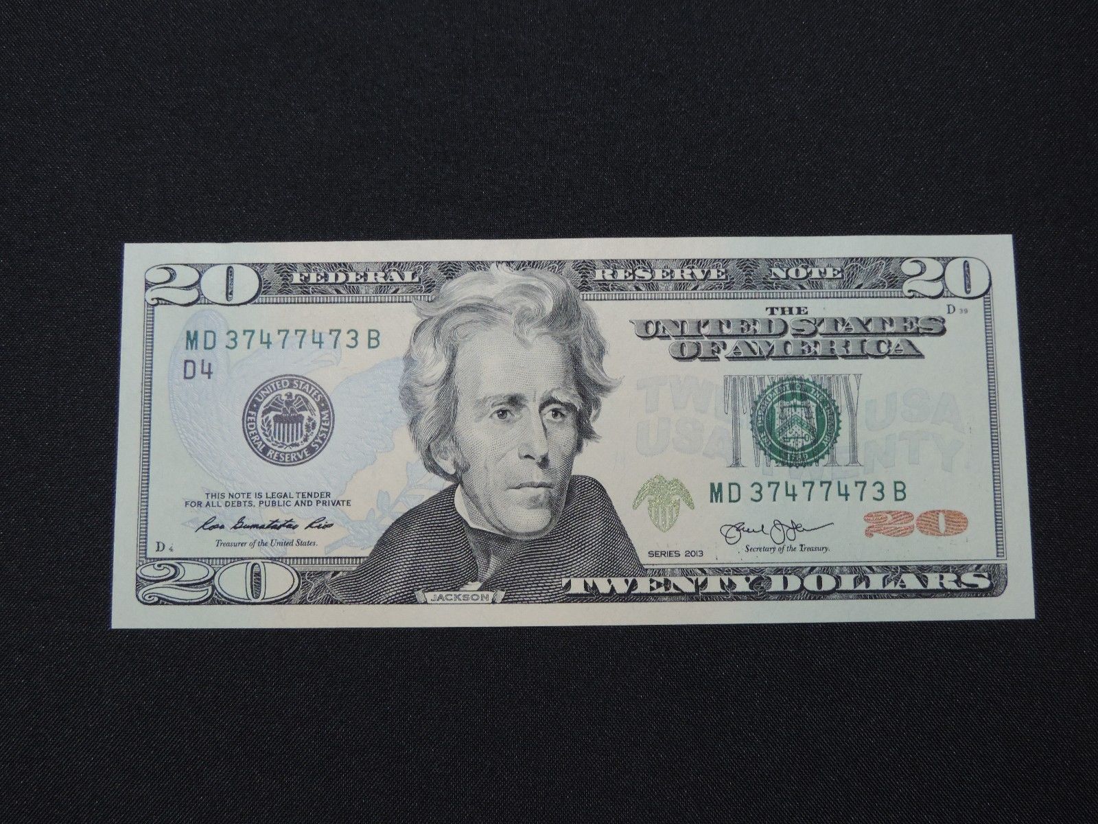 2013 $20 US DOLLAR BANK NOTE MD37477473B RADAR NOTE USD UNC CU D4 UNITED STATES