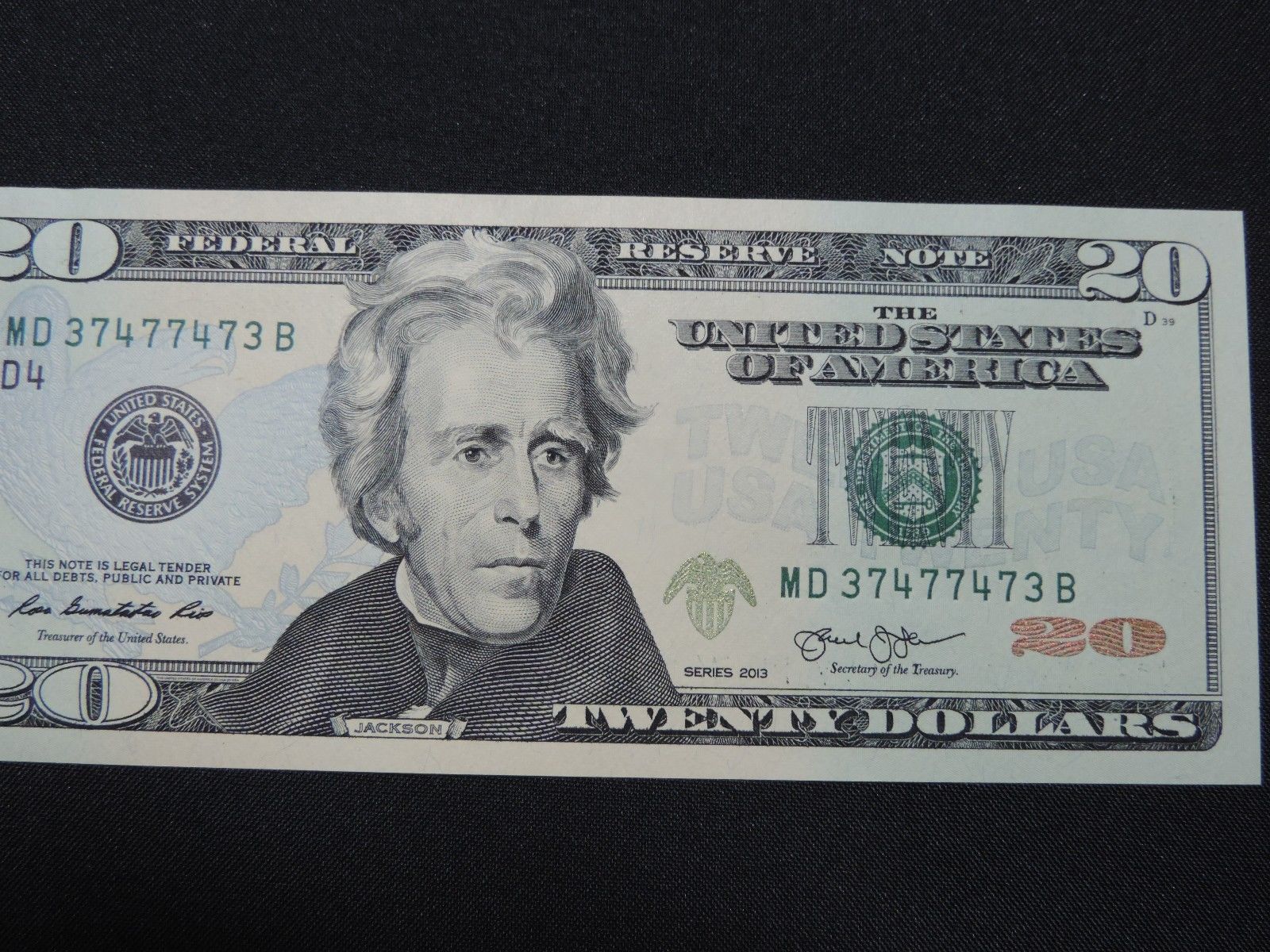 2013 $20 US DOLLAR BANK NOTE MD37477473B RADAR NOTE USD UNC CU D4 UNITED STATES