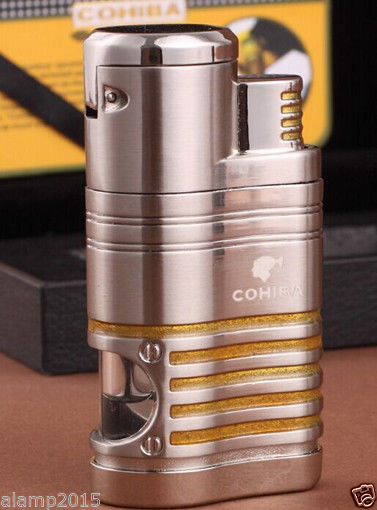 COHIBA Silver Metal 4 Torch Jet Flame Cigar Cigarette Lighter W/ Cigar Punch