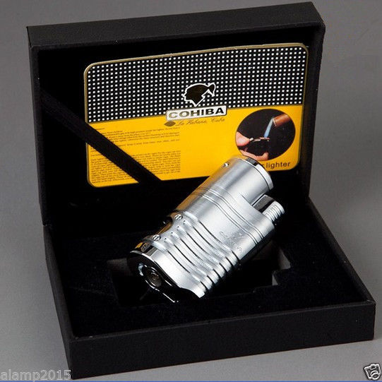 COHIBA Silver Metal 4 Torch Jet Flame Cigar Cigarette Lighter W/ Cigar Punch