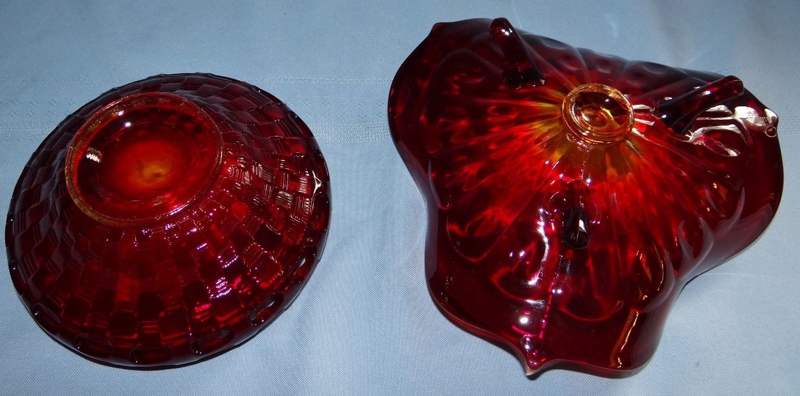 Set 2 Fenton Ruby Red Amberina Basketweave 3 Toe Footed Bowl Lot Art Glass Vtg