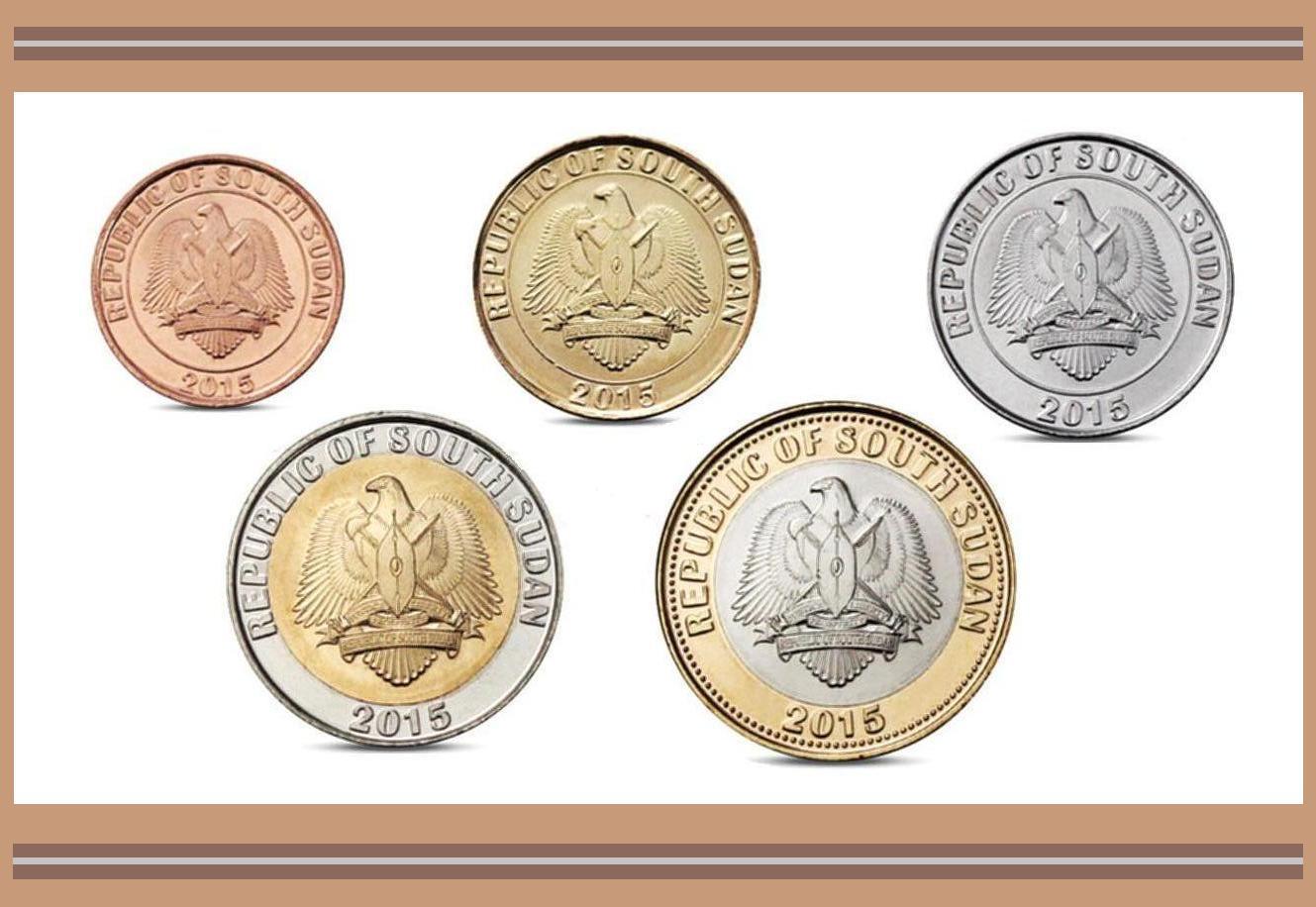 SOUTH SUDAN UNC SET OF 5 COINS 10 20 50 PIASTERS 1 - 2 POUNDS 2015