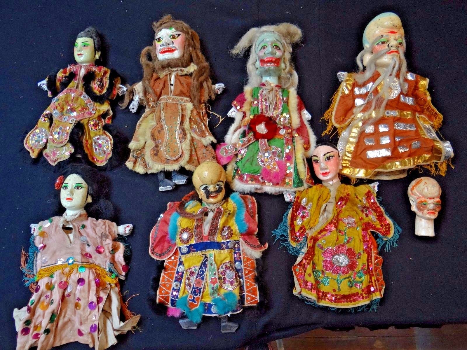 Early 20th C.Vintage Taiwanese Budaixi Hand Puppet Opera Dolls- LOT of 8