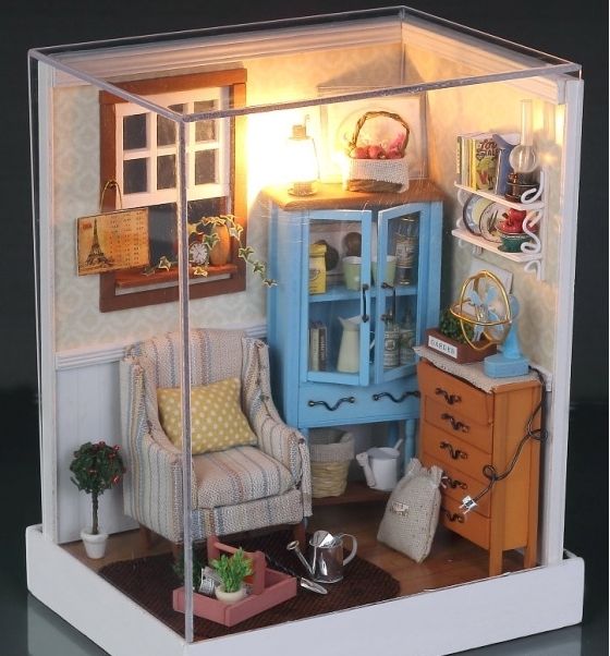 Kit w/ LED Wooden Dollhouse Miniature DIY House room corner Xmas Gift