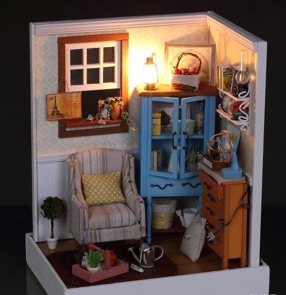 Kit w/ LED Wooden Dollhouse Miniature DIY House room corner Xmas Gift