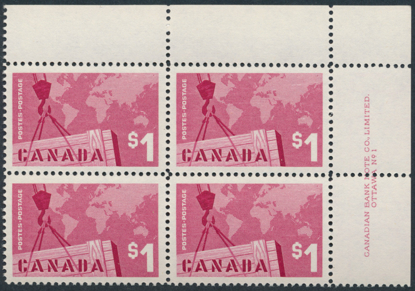 Canada #411 Export $, UR Plate 1 Block VF NH