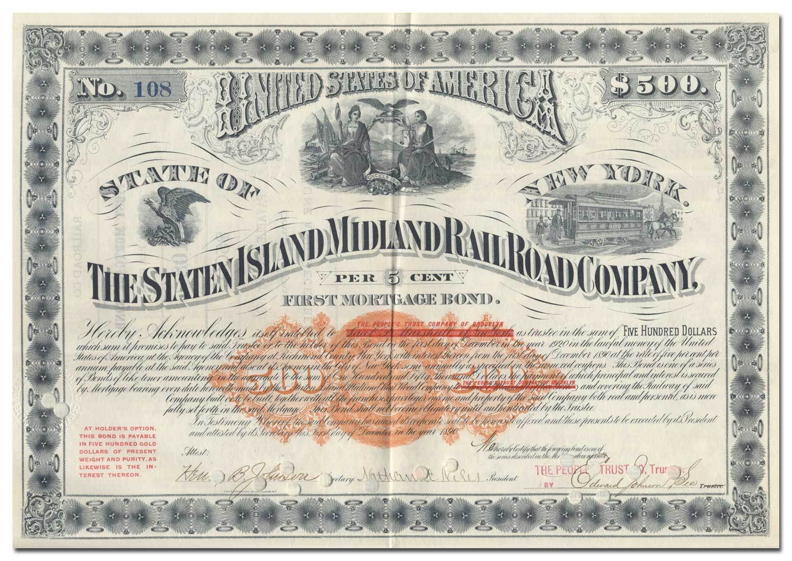 Staten Island Midland Railroad Company Bond Certificate