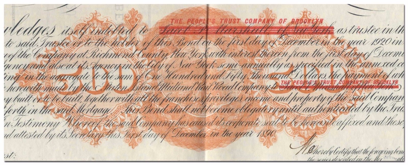 Staten Island Midland Railroad Company Bond Certificate