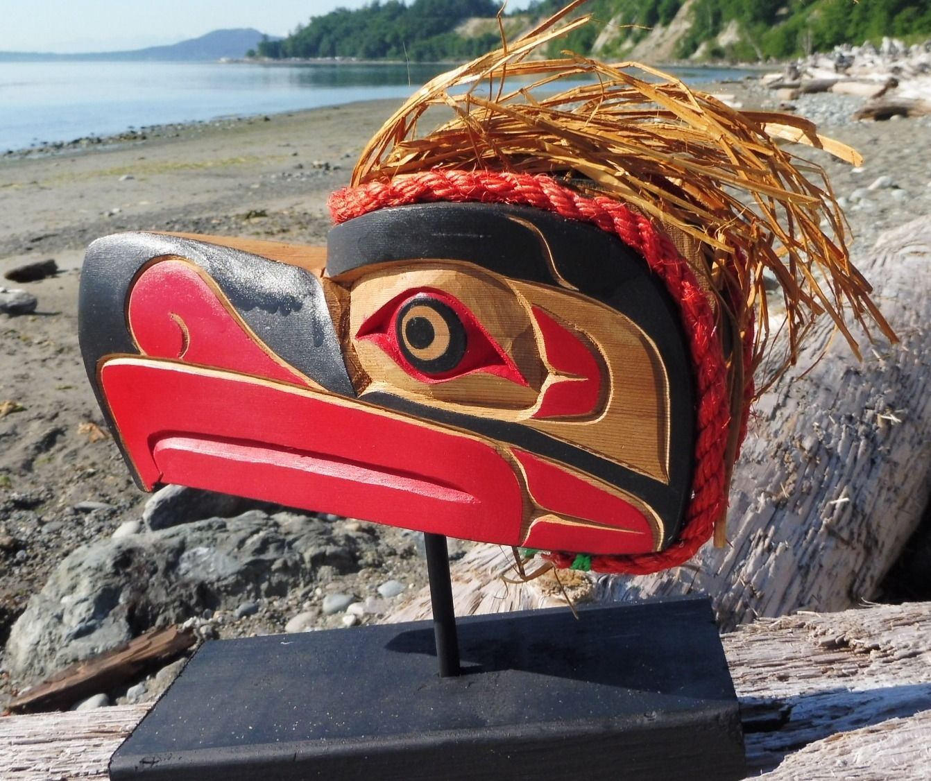 Northwest coast First Nations wooden native Art carved Eagle model mask on stand