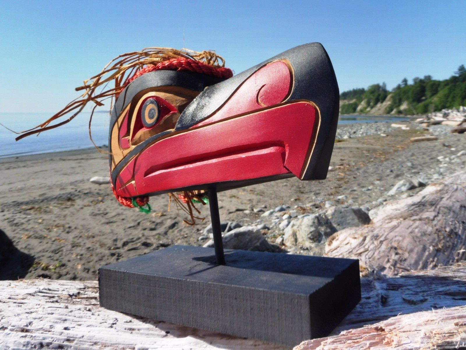 Northwest coast First Nations wooden native Art carved Eagle model mask on stand
