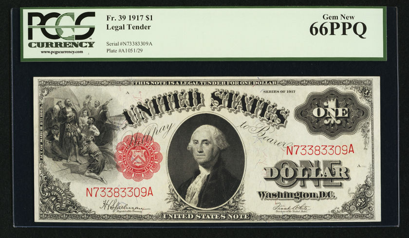 U.S.  1917  $1 LEGAL TENDER BANKNOTE, UNCIRCULATED, FR-39, CERTIFIED PCGS 66-PPQ