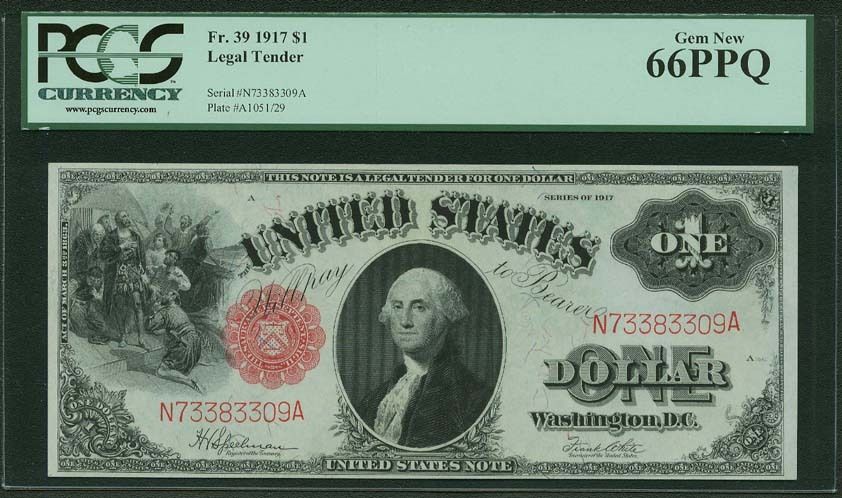 U.S.  1917  $1 LEGAL TENDER BANKNOTE, UNCIRCULATED, FR-39, CERTIFIED PCGS 66-PPQ