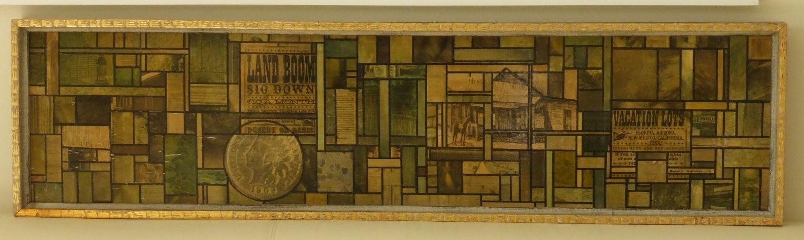 AMERICAN ARTIST ROBERT SWEDROE EARLY FRAMED COLLAGE 12.5" WIDE BY 49" LONG, 1963