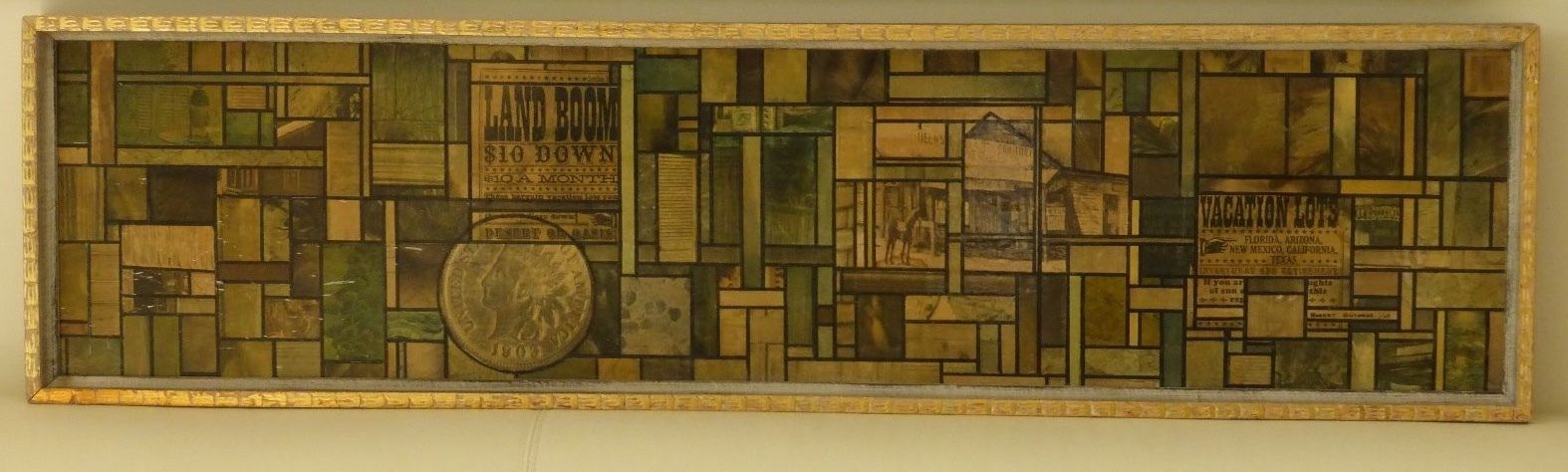 AMERICAN ARTIST ROBERT SWEDROE EARLY FRAMED COLLAGE 12.5" WIDE BY 49" LONG, 1963