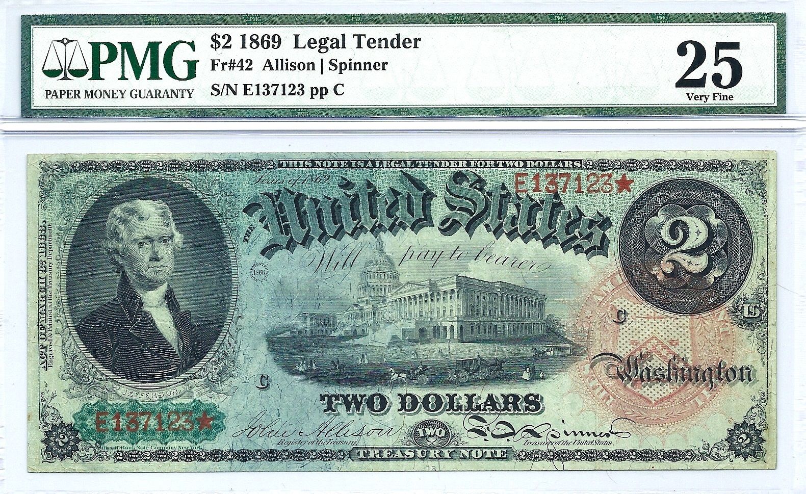 1869 $2 LEGAL TENDER ** RAINBOW SERIES ** ONE-YEAR TYPE  LOVELY PMG VERY FINE 25