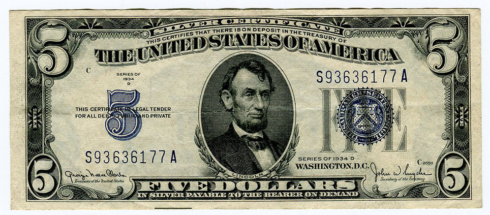 USA 5 DOLLARS 1934 D SILVER CERTIFICATE –VF