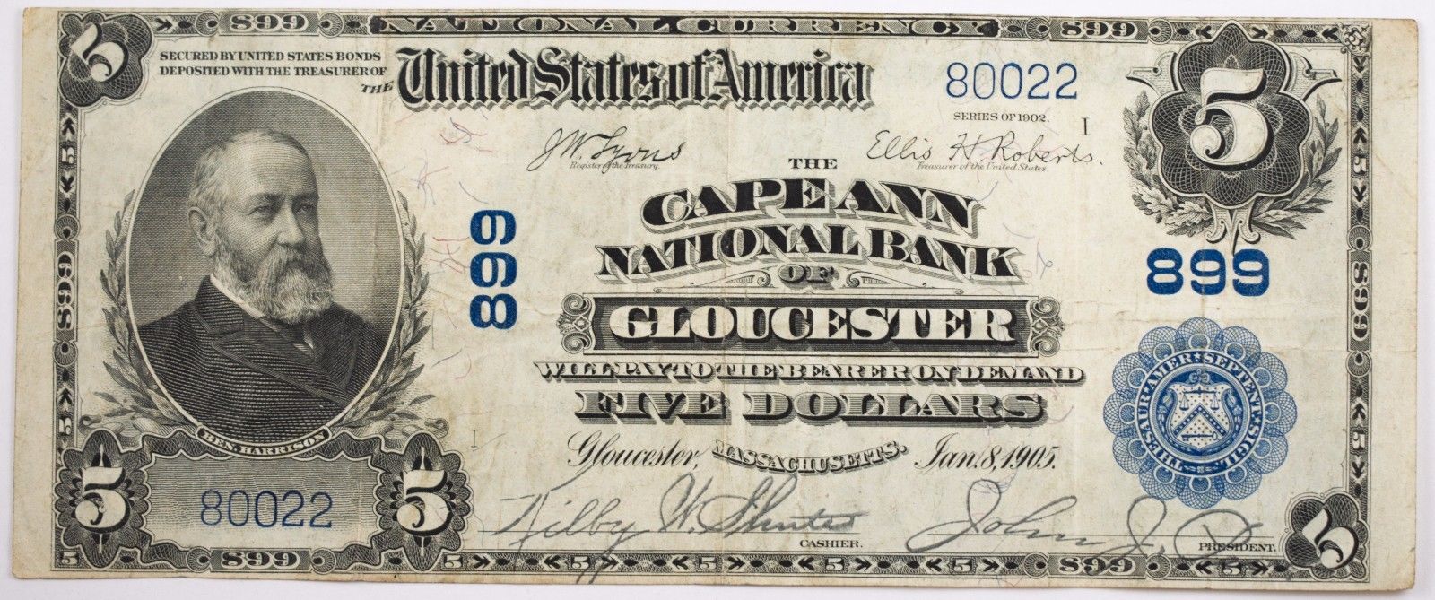 1902 $5 Large Size National Bank Note VF Cape Ann of Gloucester Ch# 599