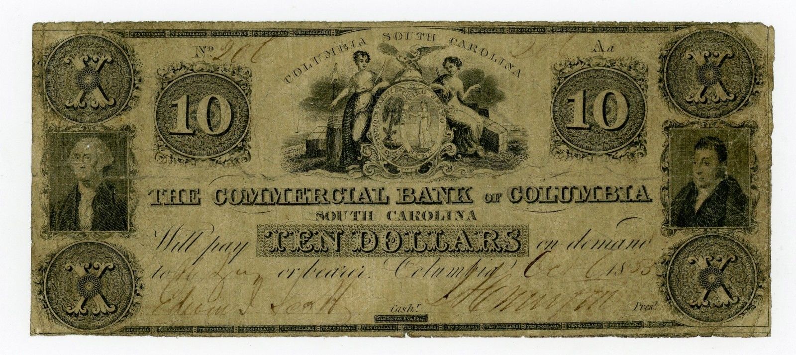 1853 $10 The Commercial Bank of Columbia, SOUTH CAROLINA Note